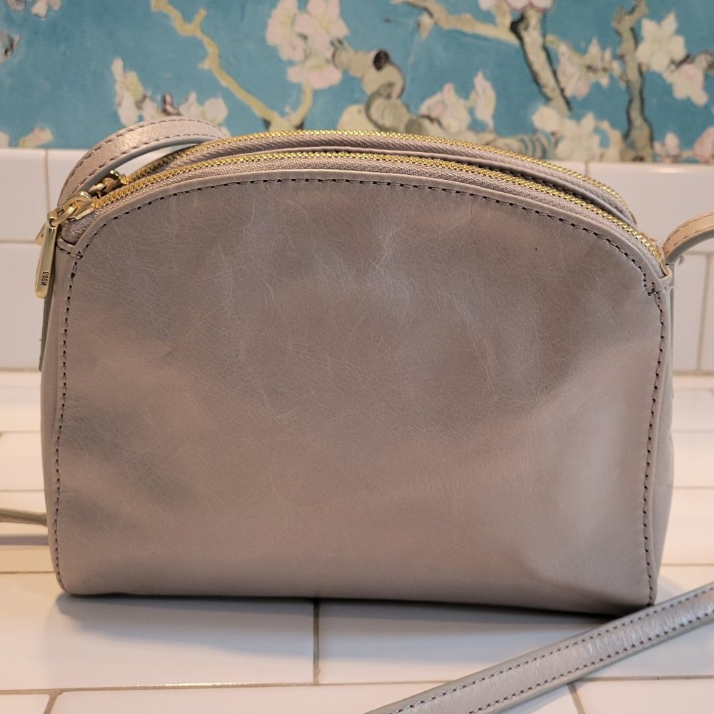 HOBO Light Gray Leather Crossbody with Gold Zippers